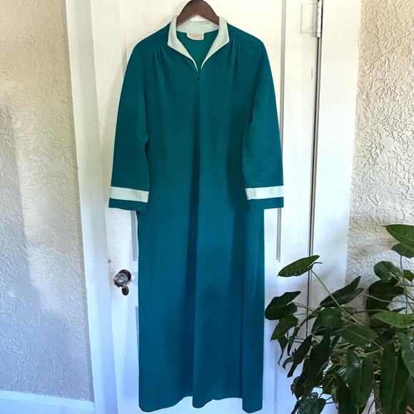 Vintage 70s Vanity Fair Velour Robe Teal & White Zip Front Lounge Dress Size 14 - Picture 3 of 15